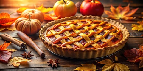 Poster - A freshly baked pumpkin pie surrounded by autumn leaves, cinnamon sticks, and star anise on a rustic wooden surface