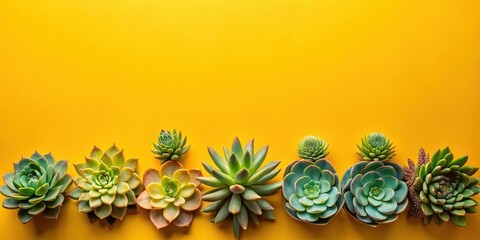 Poster - A vibrant collection of succulents with varying textures and colors arranged against a bright yellow background.