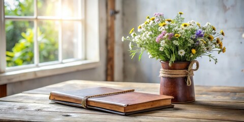 Poster - A rustic still life featuring wildflowers in a clay vase and a leather-bound book on a weathered wooden table