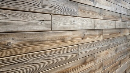Aufkleber - A close-up view of a weathered wooden wall with horizontal planks arranged in a staggered pattern, highlighting the natural grain and texture of the wood.