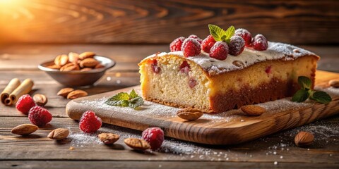 Poster - A freshly baked cake with raspberries and almonds, dusted with powdered sugar and placed on a wooden board