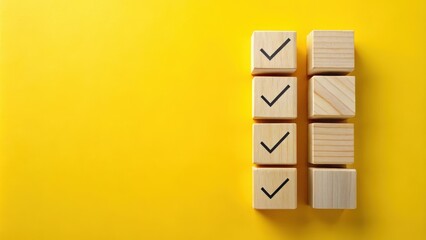 Poster - Wooden blocks with check marks on yellow background - a concept of achieving goals and completing tasks