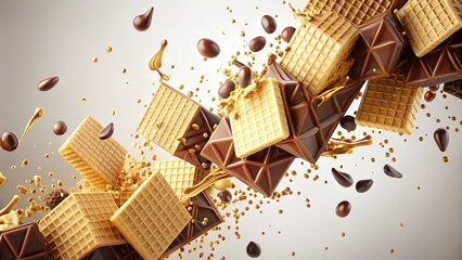 Fototapete - A Symphony of Sweetness  A Whirlwind of Wafers, Chocolate Bars, and Golden Drizzles in Motion