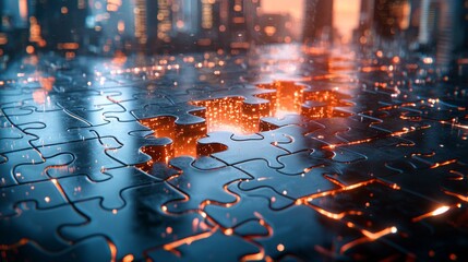 Poster - Floating puzzle pieces glowing edges and digital patterns connect against white backdrop illustrating vision of future and high tech sophistication.