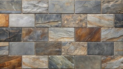 Poster - A wall covered in smooth, rectangular slate tiles with natural, earthy tones, ranging from deep charcoal to warm browns