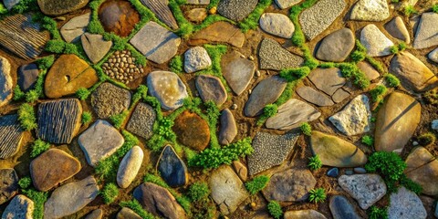 Aufkleber - A captivating mosaic of nature's artistry, where smooth, weathered stones interlock in a harmonious pattern, punctuated by vibrant bursts of verdant moss.