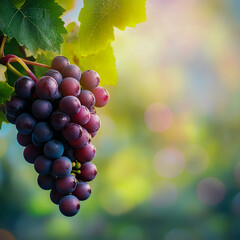 Wall Mural - Bunch of the Cabernet Franc grape with leaves at blur background with free space for text. Ripe cluster of black wine grape on vine, close up view, horizontal format (1)