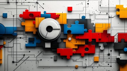Aufkleber - Dynamic puzzle pieces sharp lines and bright colors seamlessly blend geometric shapes against crisp white backdrop creating modern and engaging aesthetic.