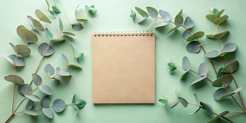 Poster - Simple and Natural A Flat Lay Composition with Eucalyptus Branches and a Blank Notebook on a Mint Green Background