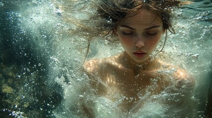 Aufkleber - A serene underwater portrait of a young woman surrounded by bubbles and flowing water.