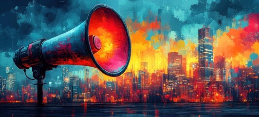 Poster - Vibrant Megaphone Illustration Against Urban Skyline and Colorful Geometric Background