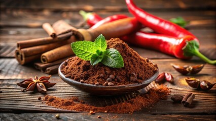 Wall Mural - A bowl of ground spices sits atop a wooden table with red chili peppers, cinnamon sticks, and star anise in the background.