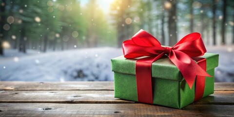 Poster - A green gift box with a red ribbon sits on a rustic wooden table, with a blurred background of a snow-covered forest bathed in winter sunlight.