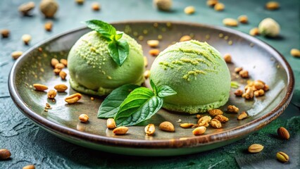 Poster - Two scoops of refreshing green ice cream, adorned with fresh mint leaves, resting on a rustic brown plate scattered with toasted nuts.