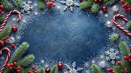 Aufkleber - Festive Christmas Border with Evergreen Branches, Candy Canes, and Red Ornaments on a Snowy Blue Background