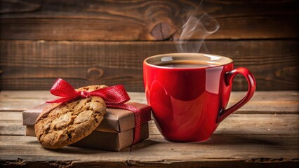 Poster - A steaming cup of coffee sits on a rustic wooden table, next to a gift wrapped with a red ribbon and a delicious cookie.