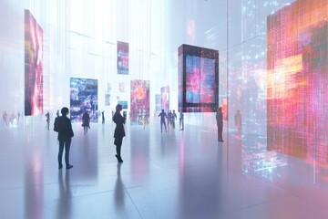Aufkleber - Visitors engage with immersive virtual artworks and dynamic avatars in a brightly lit digital gallery, showcasing modern creativity. Generative AI