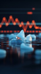 Poster - Vibrant Ice Formation with Glimmering Reflection Against Abstract Data Visualization and Trend Lines on Dark Background