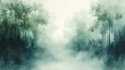 Poster - A serene watercolor landscape depicting a misty forest scene.