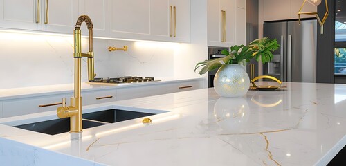 Wall Mural - Luxurious white marble countertop with sleek gold kitchen faucet in a modern kitchen setting