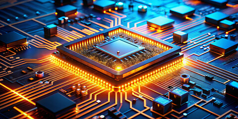 Poster - A close-up view showcases a microprocessor surrounded by glowing circuits on a circuit board, reflecting advanced technology and innovation in electronics during a demonstration