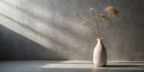 Poster - A single vase with dried flowers sits on a concrete surface with the light filtering through a window casting soft shadows on the wall