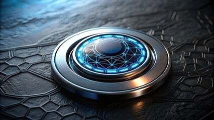 Poster - a futuristic, glowing button with a network of lines embedded within its circular design, set agains
