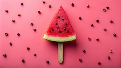 Aufkleber - A watermelon slice on a stick surrounded by coffee beans and seeds on a pink background