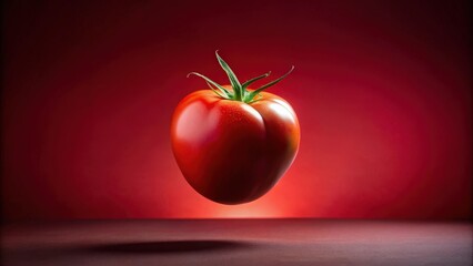 Aufkleber - A perfectly ripe red tomato levitates above a dark brown surface, illuminated by a spotlight, against a vibrant crimson background.
