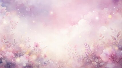 Poster - A dreamy and magical watercolor illustration of a sky filled with soft pink clouds and scattered with shimmering light, with a foreground of delicate floral silhouettes and a soft glow