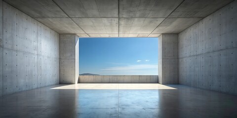 Aufkleber - A Minimalist Concrete Room with a Large Window Offering a Breathtaking View of the Horizon