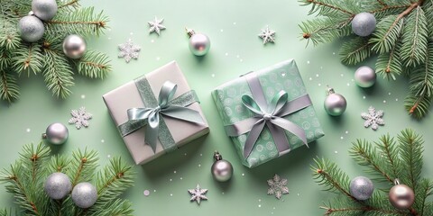Poster - Festive Holiday Background with Silver Ornaments, Pine Branches, and Wrapped Gifts on a Mint Green Surface
