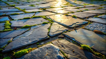 Leinwandbilder - A Close-Up View of a Cobblestone Pathway Covered in Vibrant Green Moss, Bathed in the Golden Light of the Setting Sun
