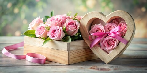 Poster - A Bouquet of Delicate Pink Roses Presented in a Rustic Wooden Heart-Shaped Box with a Delicate Pink Satin Ribbon, a Romantic Gesture of Love and Affection