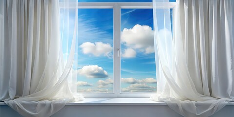 Aufkleber - White curtains billowing in the breeze, revealing a window view of a bright blue sky with fluffy clouds.