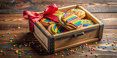 Poster - Rainbow cookies in a wooden box with red ribbon and colorful sprinkles