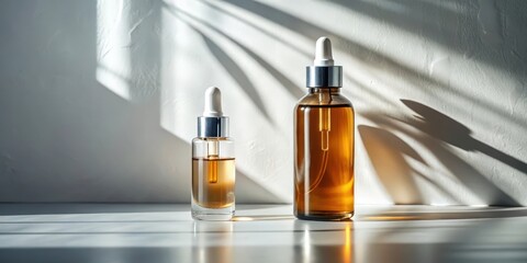 Poster - Two Glass Dropper Bottles with a Liquid Inside, Sitting on a White Surface Against a White Wall with Abstract Shadows Cast by a Window