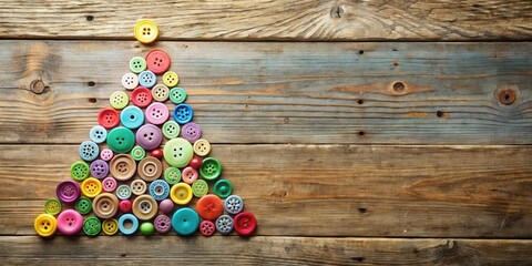 Poster - A festive Christmas tree crafted from a collection of colorful buttons, arranged in a triangular shape on a rustic wooden background.