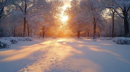 Poster - A serene winter landscape at sunset, with snow-covered trees and a peaceful path.