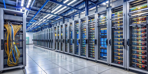 Poster - A modern data center with rows of servers and neatly organized cables. Bright overhead lights illuminate the space, reflecting a high-tech environment designed for data management