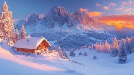 Poster - A serene winter landscape featuring a cozy cabin amidst snow-covered mountains at sunset.
