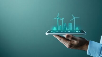 Aufkleber - Innovative Technology for Sustainable Energy Solutions Featuring Wind Turbines and Urban Landscapes in a Digital Presentation on a Smartphone Device