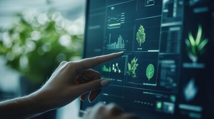 Aufkleber - Hand Interacting with Technology Display Showing Data and Images of Trees and Plants in a Modern Office Environment Focused on Sustainability and Environmental Monitoring