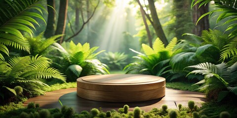 Aufkleber - A circular wooden podium surrounded by lush green foliage, bathed in warm sunlight filtering through the dense canopy of a tropical rainforest.