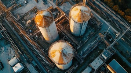 Aufkleber - Aerial View of Industrial Storage Silos with Pipelines and Equipment at a Modern Manufacturing Facility During Sunset Lighting Conditions