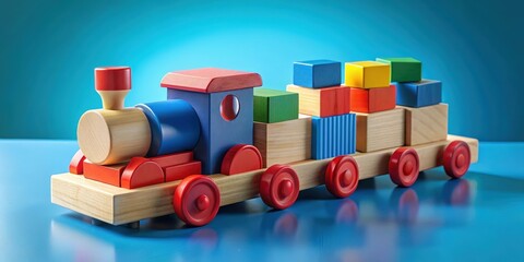 Aufkleber - A colorful wooden toy train with a blue locomotive and multiple cars loaded with colorful building blocks, all set against a bright blue background.