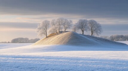 Poster - A serene winter landscape featuring a snow-covered hill with frosted trees.