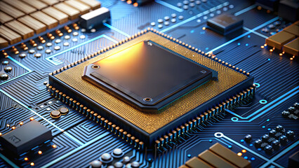 Poster - A detailed view showcases a modern microprocessor positioned centrally on a circuit board, highlighted by vibrant electronic connections and components