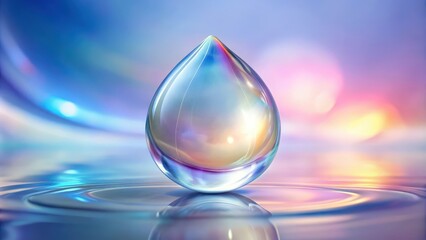 Poster - A single iridescent water droplet rests upon a smooth surface, reflecting a swirling, ethereal sky with shades of blue, pink, and gold