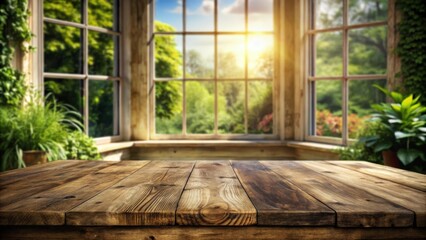 Aufkleber - Rustic wooden tabletop with a sunny view of a lush green garden through a window